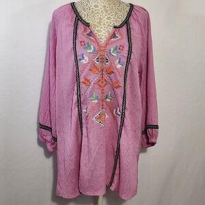 Calessa Tunic Embroidered Jewel Notch Neck Wrist Length Sleeve Pink Pull-On SZ L